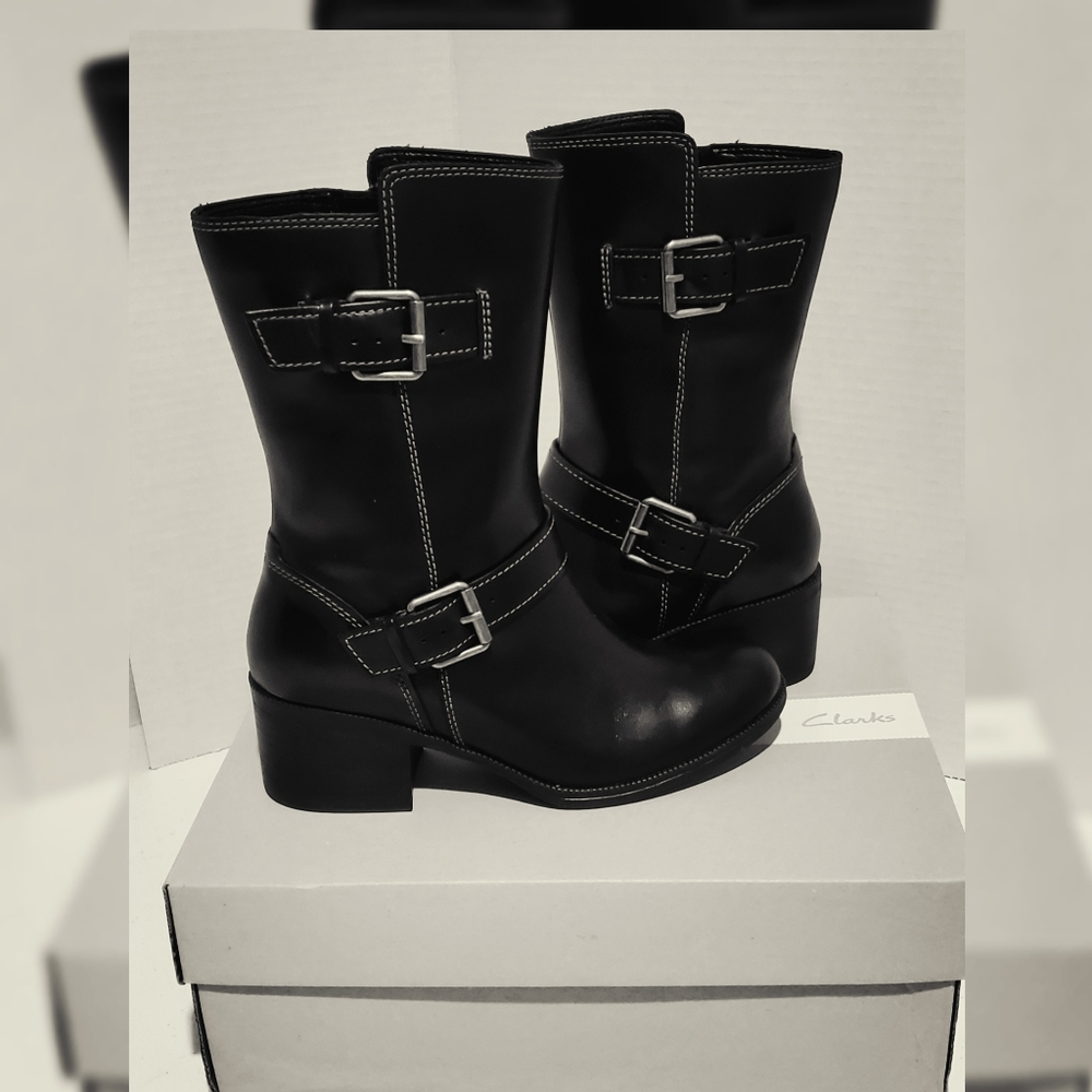 Clark's MayPearl Oasis Black Leather mid calf boots Size 7M EUC